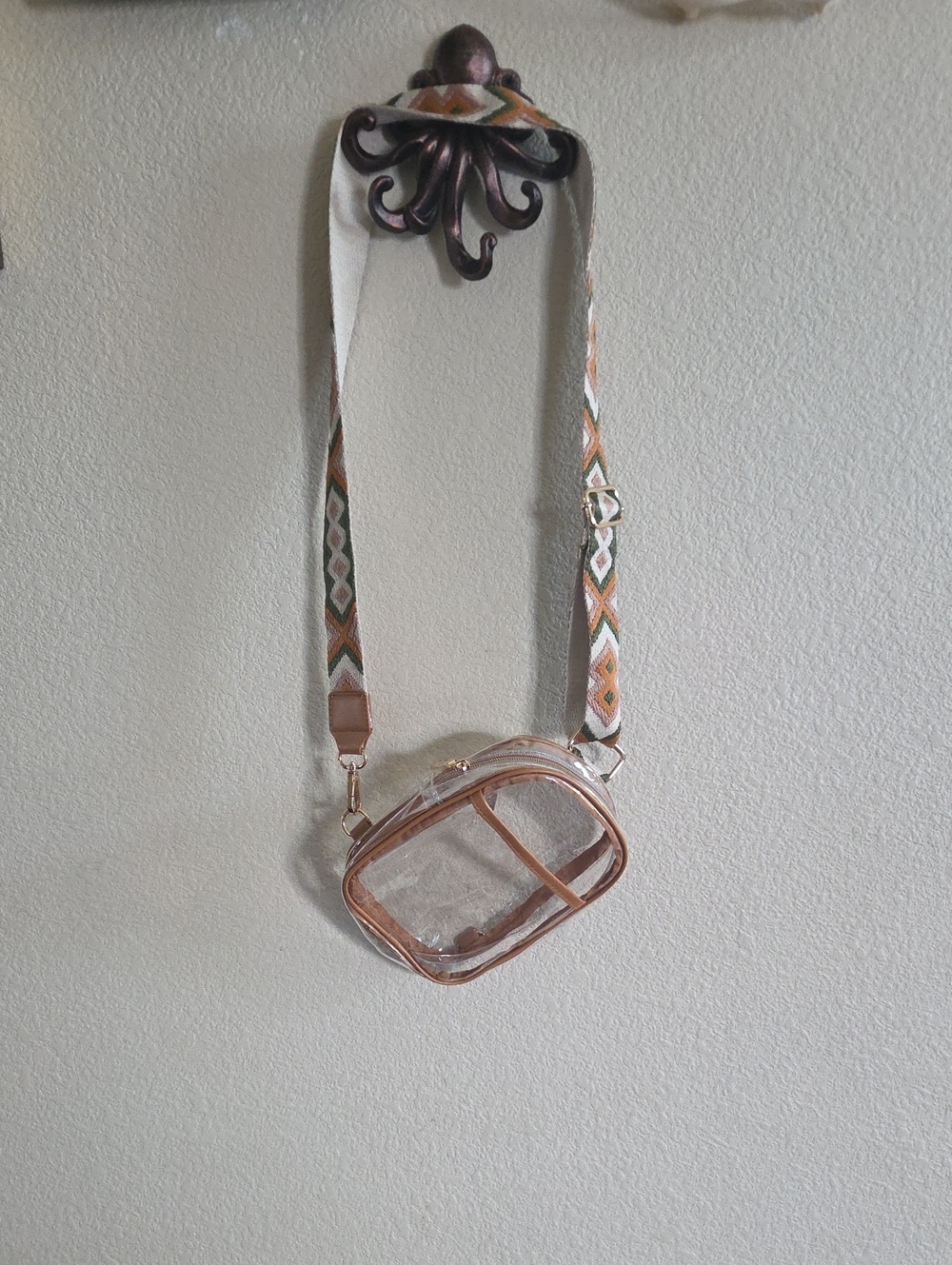 Clear Crossbody Bag with Patterned Adjustable Strap - Pink Trim